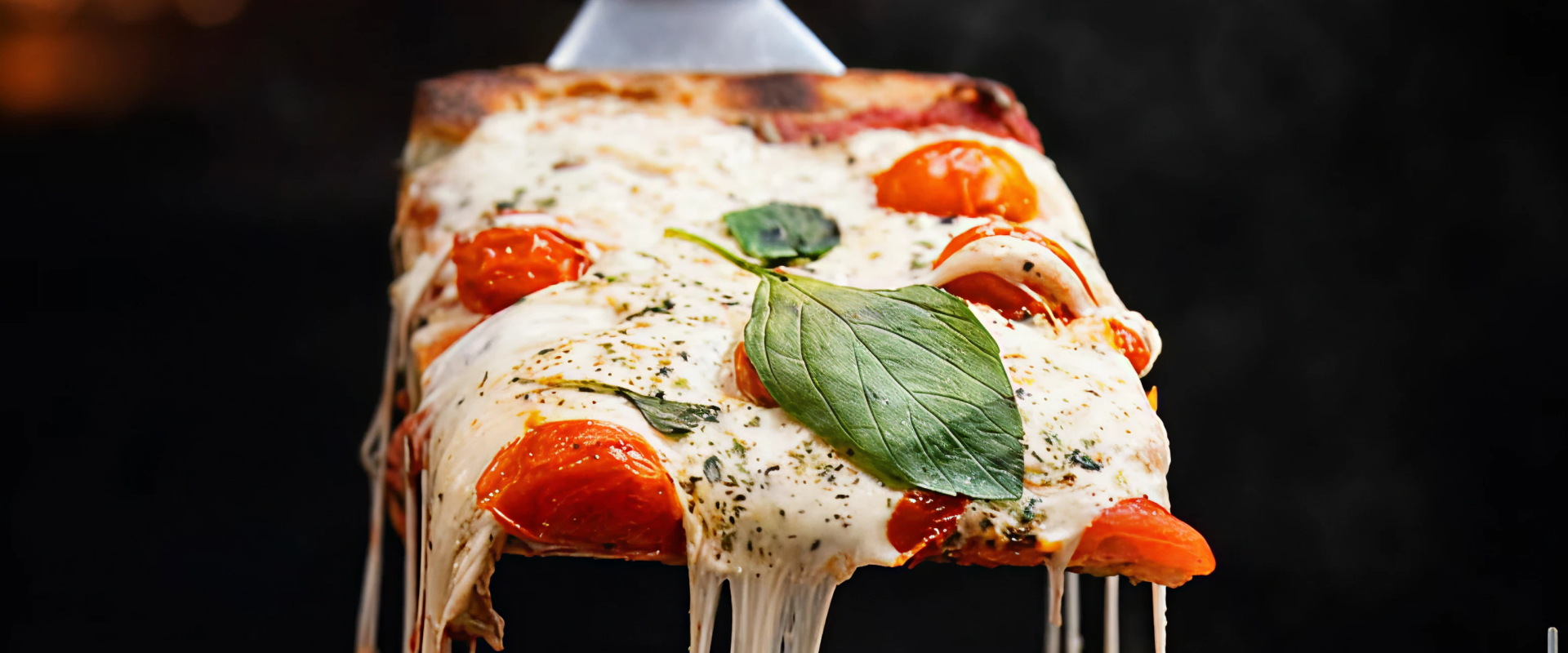 Deliciosa pizza por metro com queijo derretido e manjericão